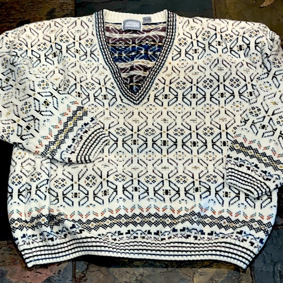Concrete mix 90s V Neck boxy heavy Sweater Geometric Beige Tan Blue Cosby MEN 2X - Picture 1 of 16